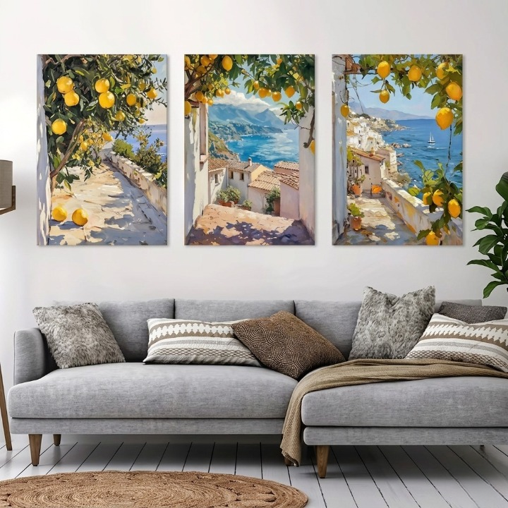 Set Of 3 Vintage Mediterranean Coastal Lemon Tree Scenery Painting Wall
