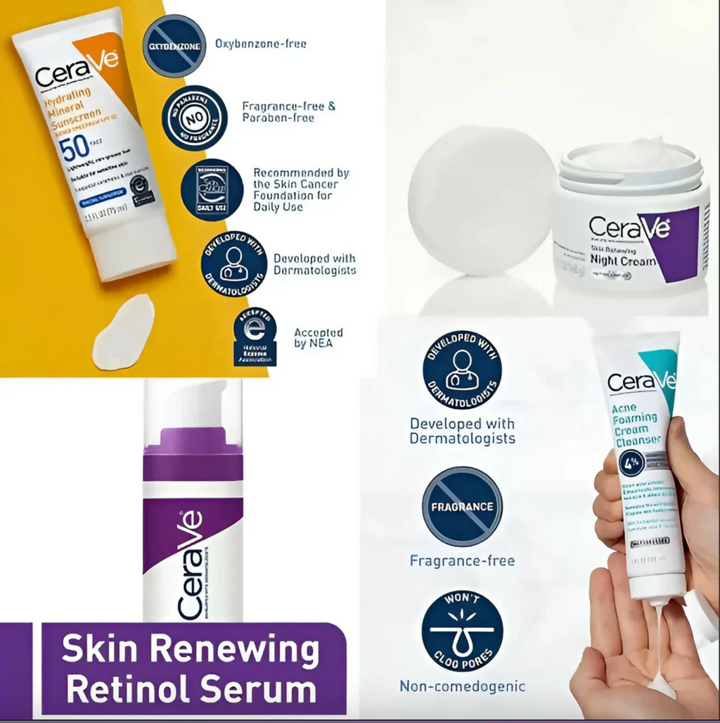 CeraVe 4 In 1 Skincare Kit Night Cream Retinol Serum Acne Foaming Cream Cleanser