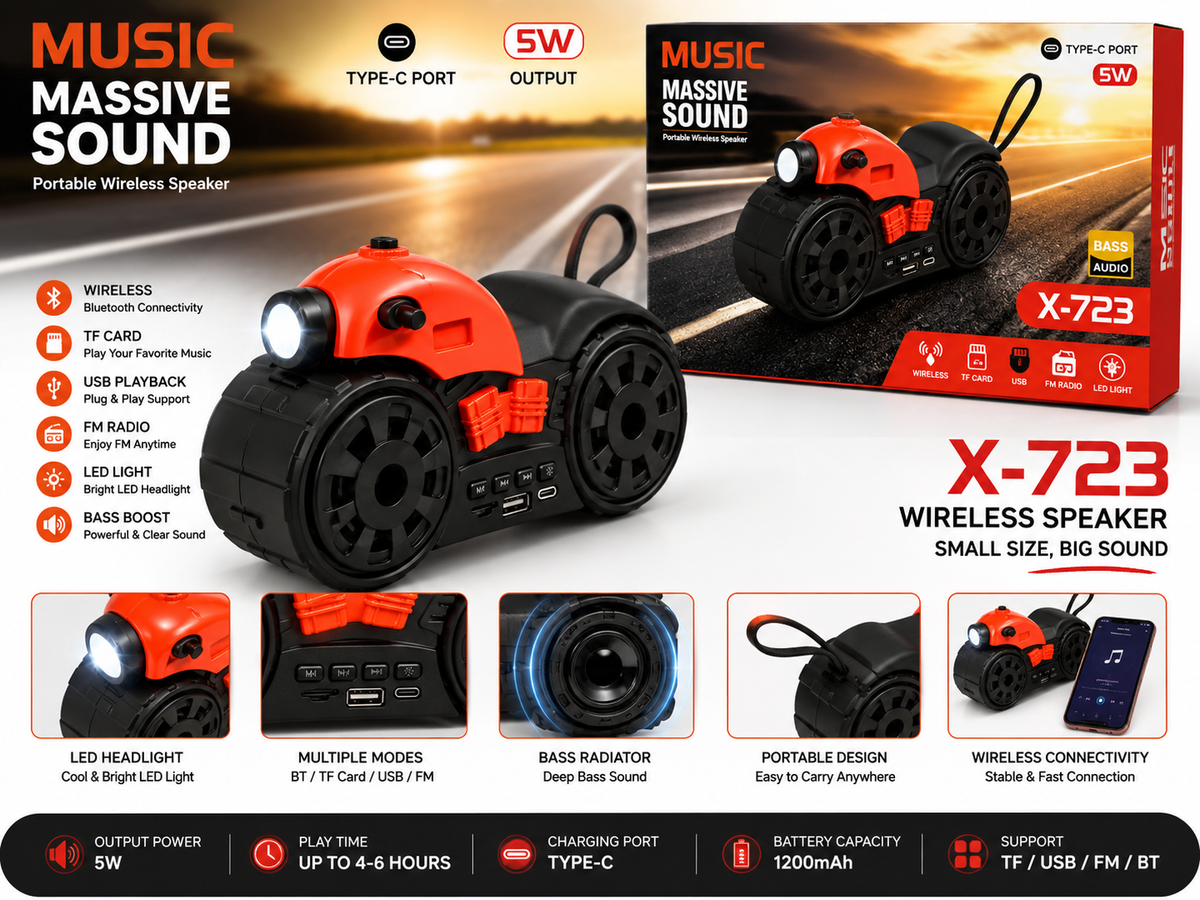 X-723 Motorcycle Design Portable Wireless Speaker with LED Headlig
